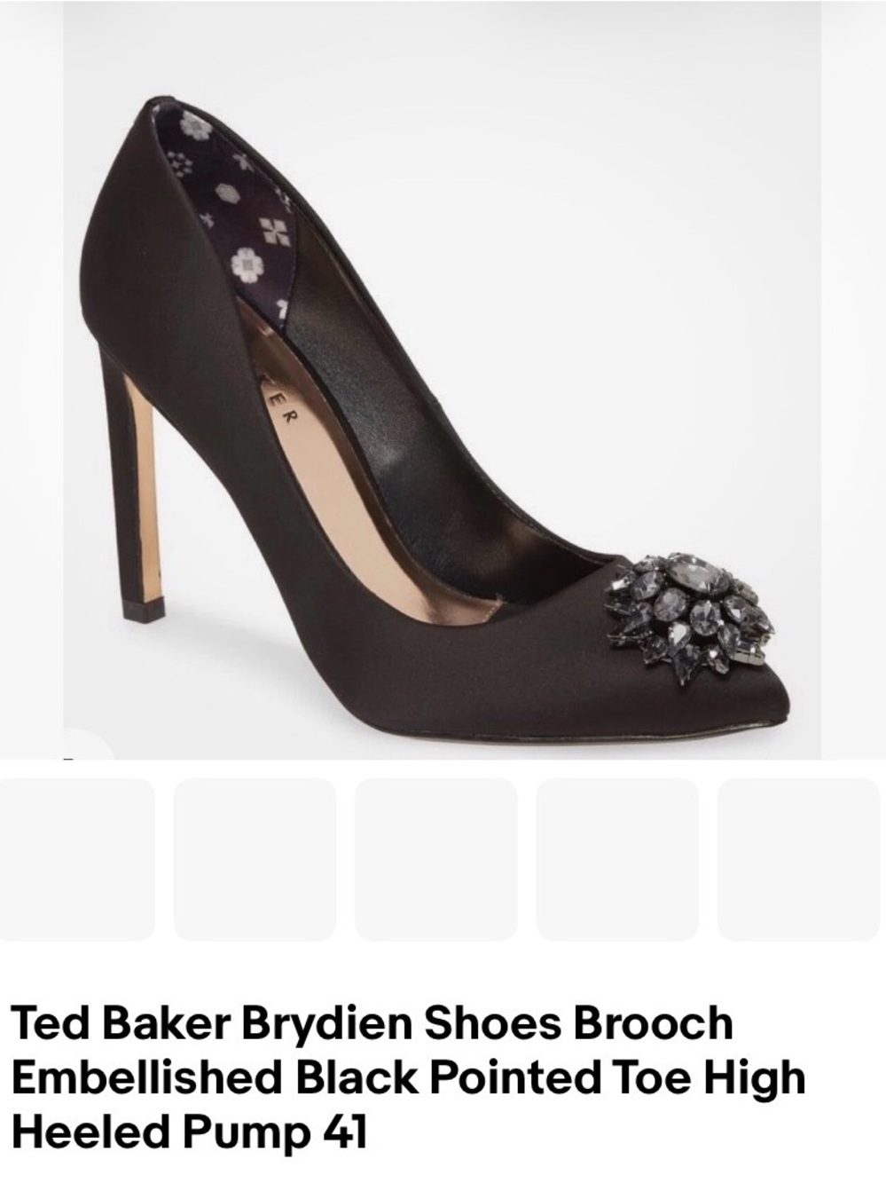 Ted Baker Black Satin Pointed Toe Pump with Crystal Brooch